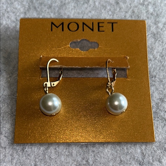 Monet White Simulated Pearl Gold Tone Leverback Drop Earrings - Picture 6 of 9